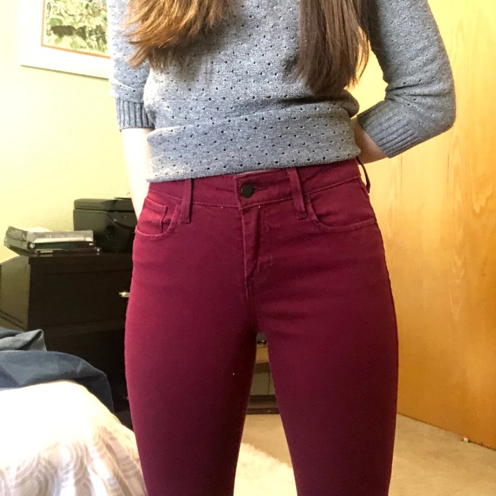 Berry red skinny jeans from Old Navy.